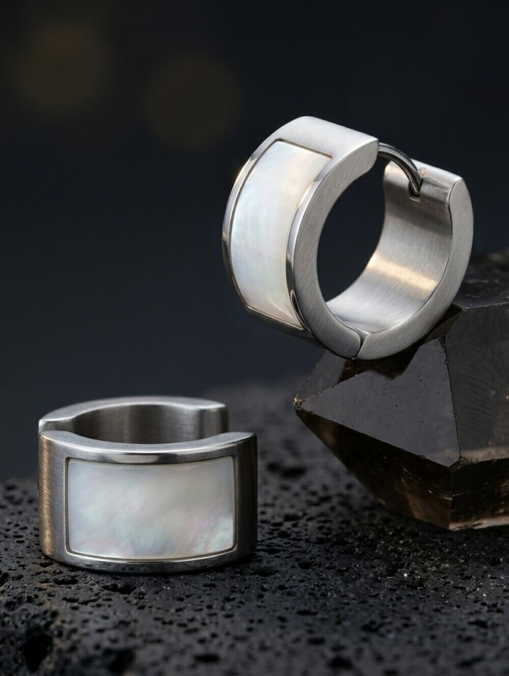 Mother of Pearl Stainless Steel Huggie Earrings Clean Girl Coastal Silver 0.5"